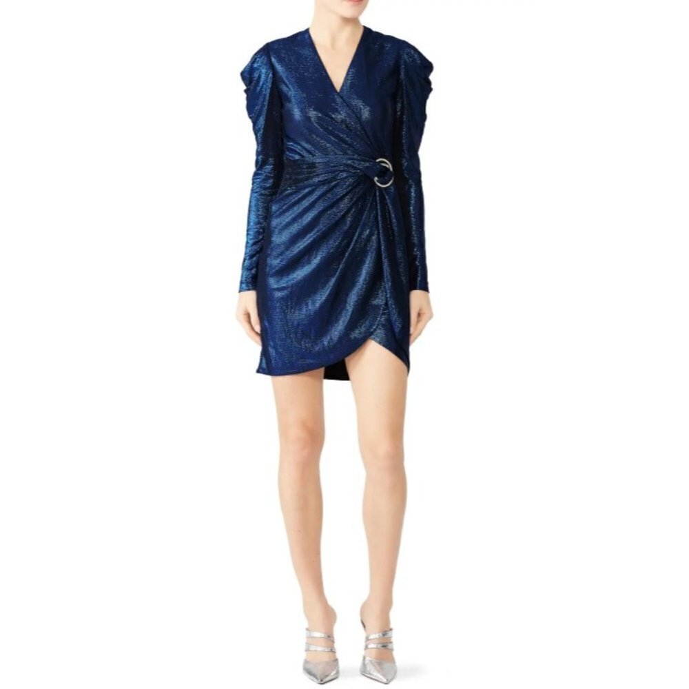 Jonathan Simkhai Blue Metallic Long Sleeve Wrap Dress Size XS Evening Cocktail